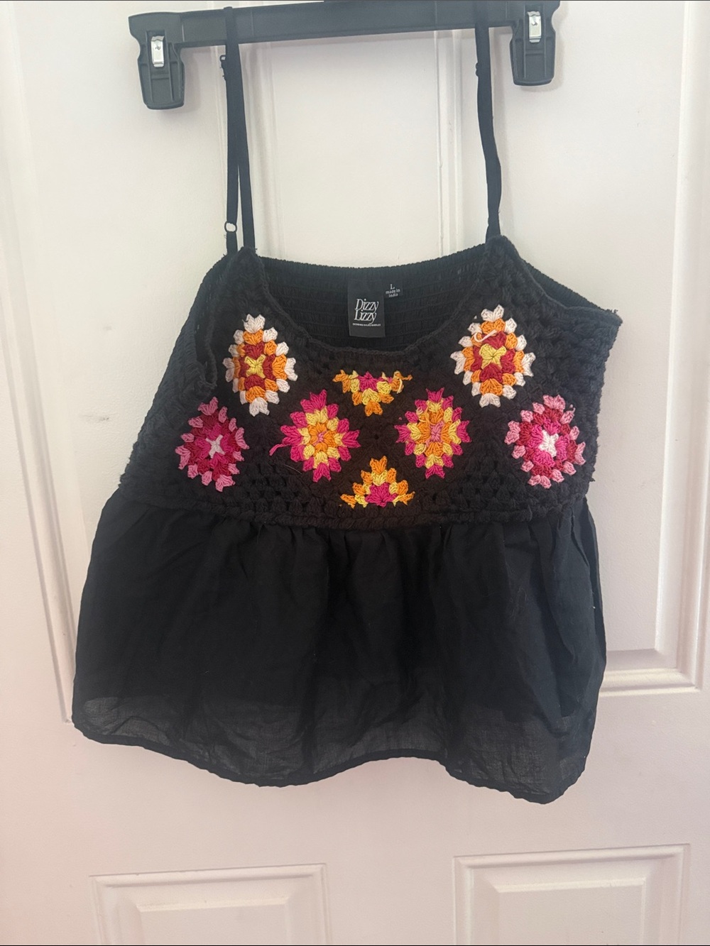 Boho Crochet Black Camisole with Pink & Yellow Floral Accents